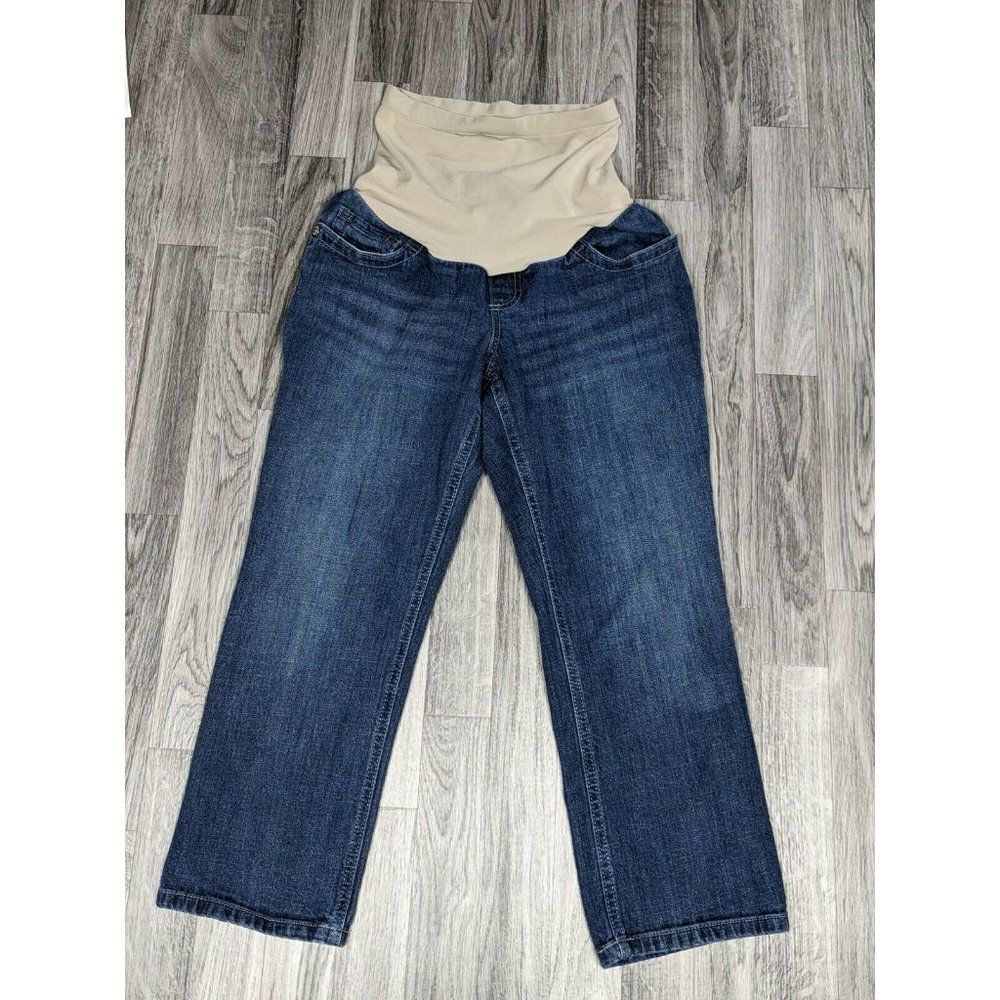 Indigo Blue Maternity Womens Size Medium Embroidered Stretchy Panel Capri Jeans